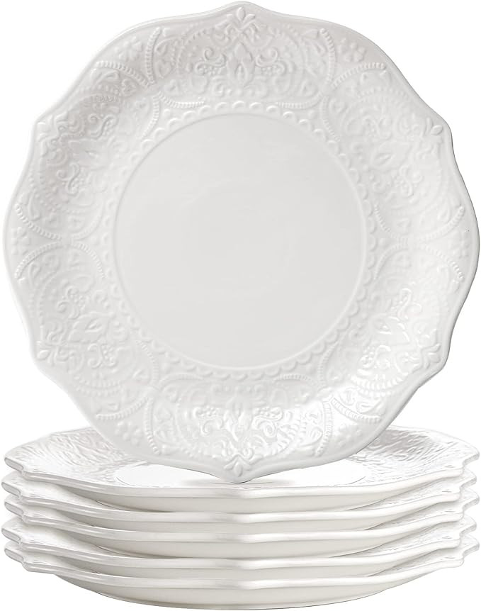 SOUJOY Set of 6 Porcelain Dinner Plate, 10.5'' White Dinner Dish, Embossed Printing Dinnerware Pl... | Amazon (US)