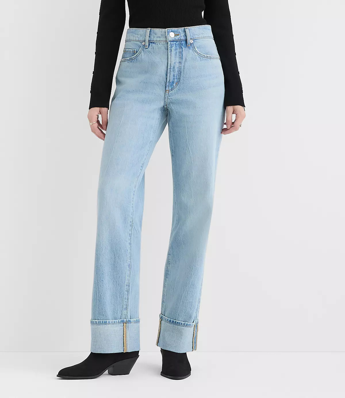 Rivete Cuffed Mid Rise Relaxed Straight Jeans in Light Wash | LOFT