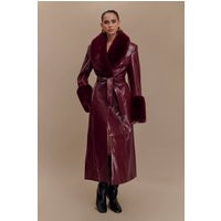 Bec Faux Leather Trench Coat With Faux Fur - Cherry Red I MESHKI I Size S | MESHKI US