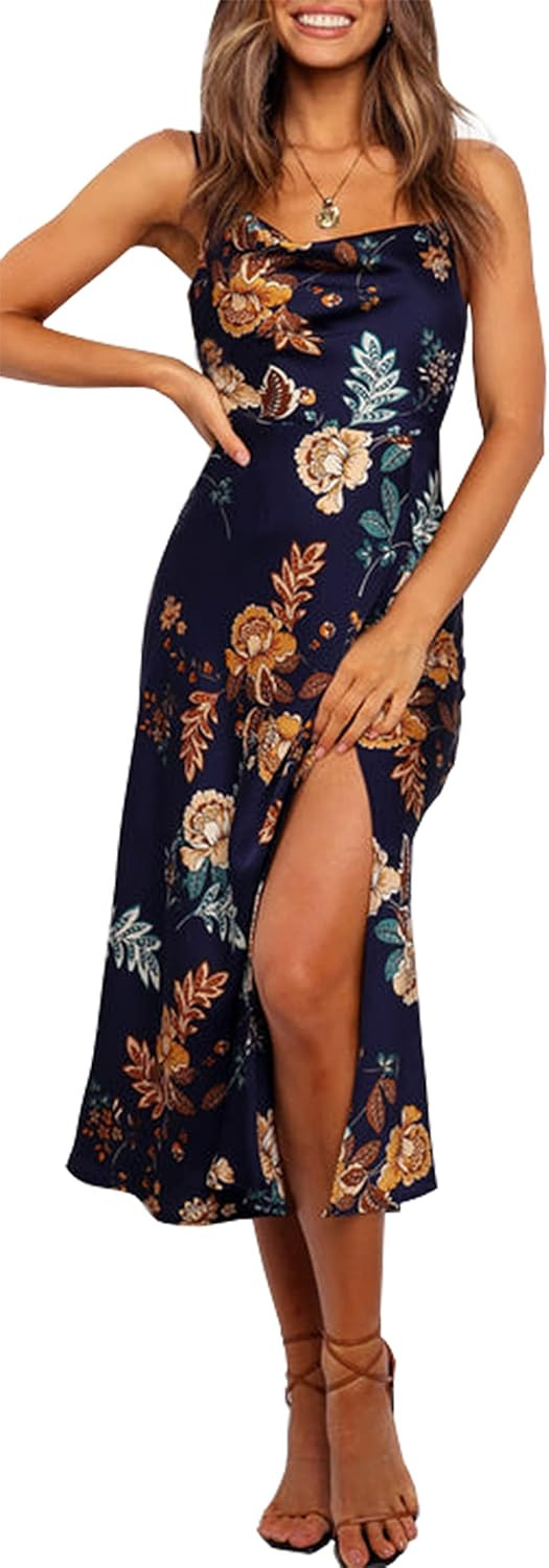 Cantonwalker Women's Satin Spaghetti Straps Cowl Neck Sexy V-Back Cross Slip Cocktail Formal Midi... | Amazon (US)