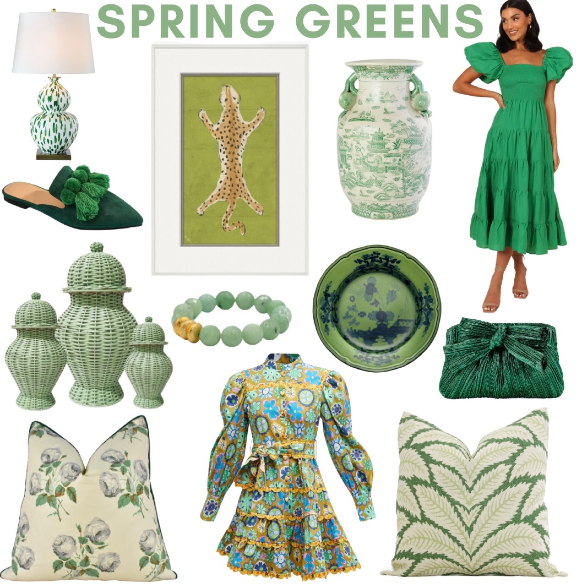 Green decor // green dress // spring dress // St. Patrick’s Day outfit // green lamp // Dana Gibson // leopard print // green and white vase // chinoiserie // grandmillennial // preppy // puff sleeve dress // green plate // Loeffler Randall clutch // Hazen and Co bracelet // wicker ginger jar // green throw pillow // Celia B // green tassel slide 

#LTKSeasonal #LTKFind