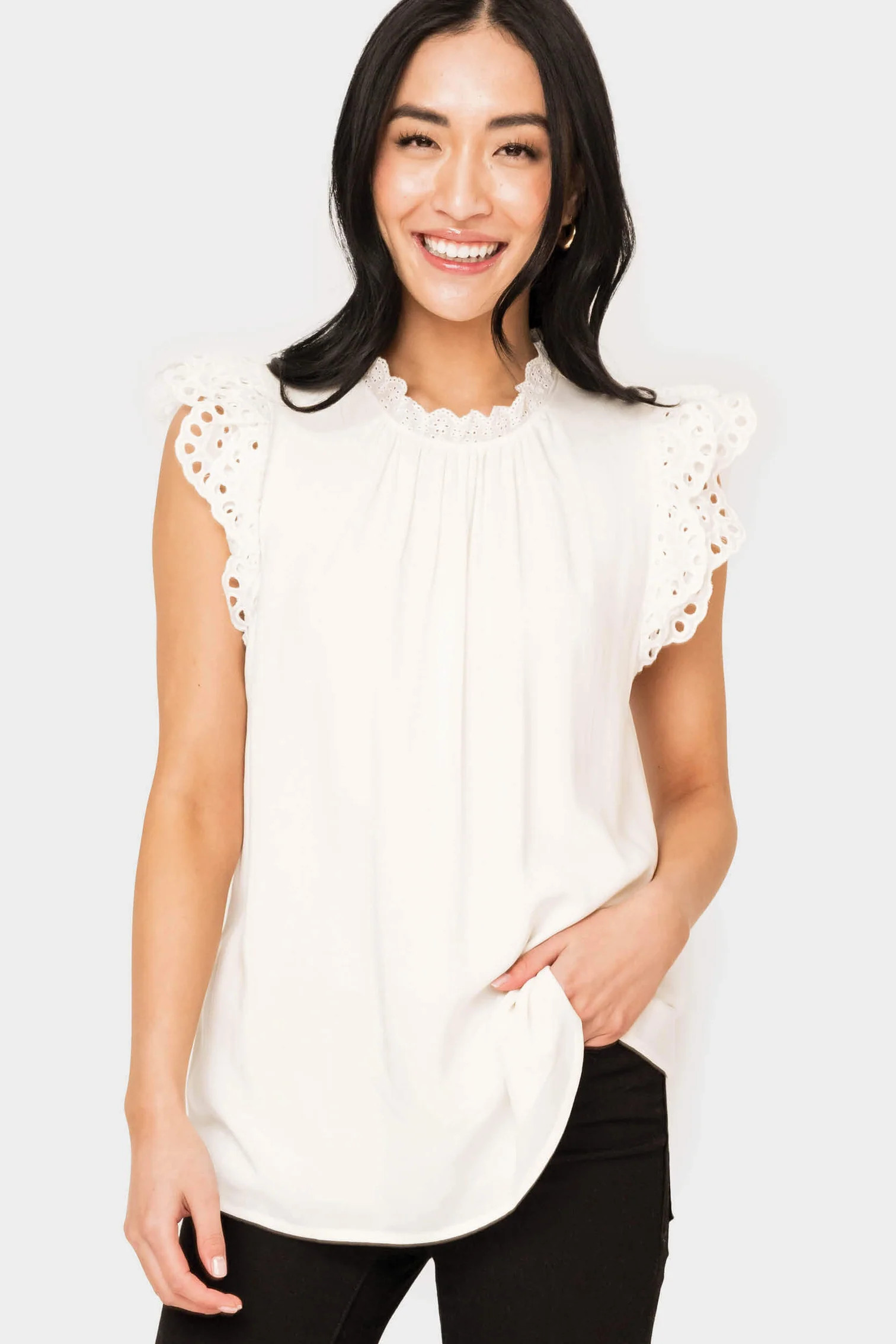 Eyelet Trim Woven Top | Gibsonlook