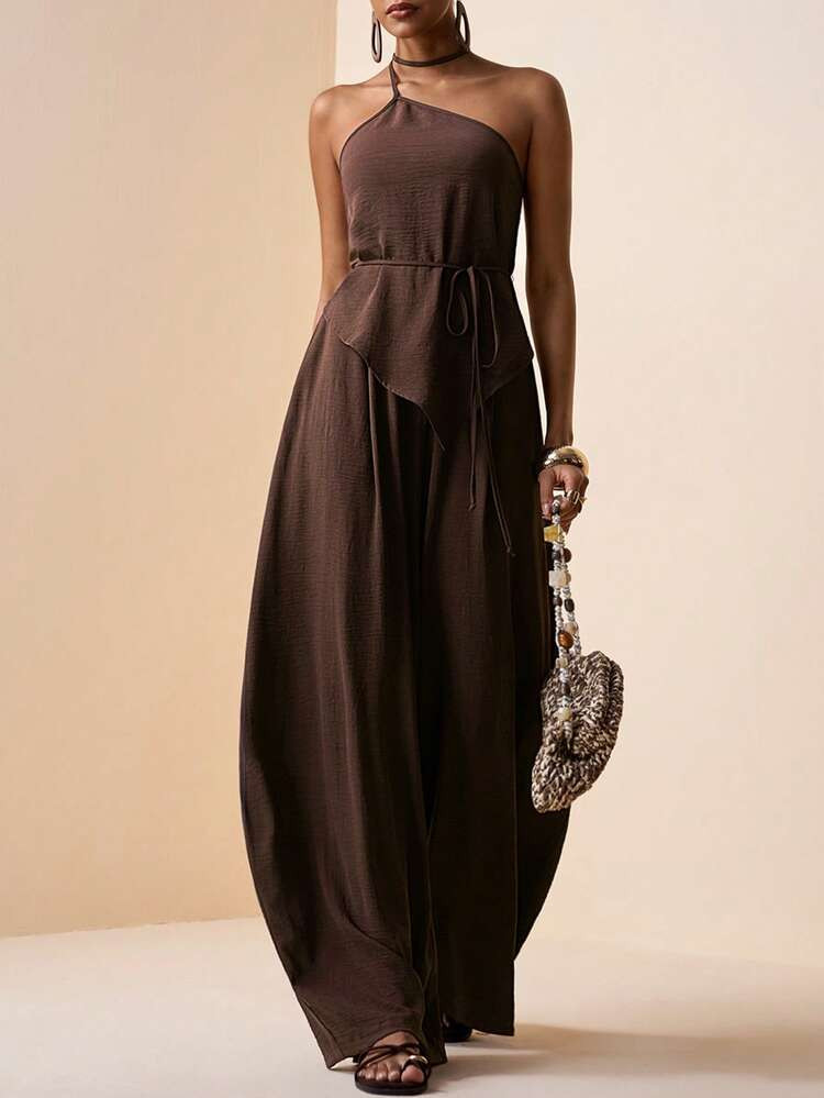 Zivah 2026 Spring/Summer New Music Festival, Easter, St. Patrick's Day, Valentine's Day, Date, Western, Boho, Commute, Brunch, Airport, Party Outfit: Asymmetric Shoulder Tie-Up Top With Belt, Pleated Texture Wide Leg Pants With Pockets, Linen Brown 2-Piece Set | SHEIN