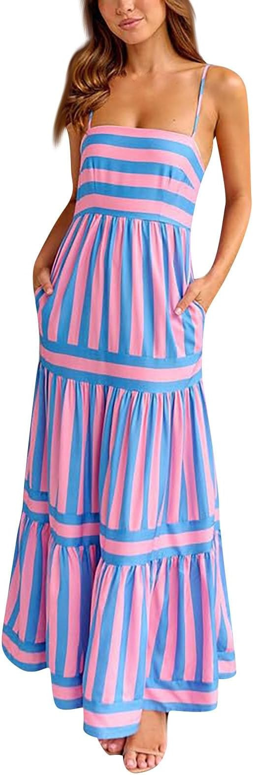 Women Cute Print Maxi Cami Dress Loose Sleeveless Spaghetti Strap Boho Dress Flowy Graffiti Long ... | Amazon (US)