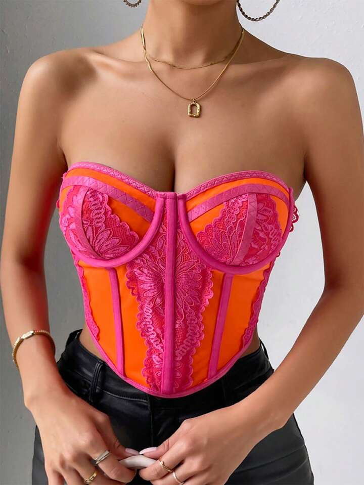 SHEIN Privé Contrast Lace Bustier Bandana Hem Tube Top | SHEIN