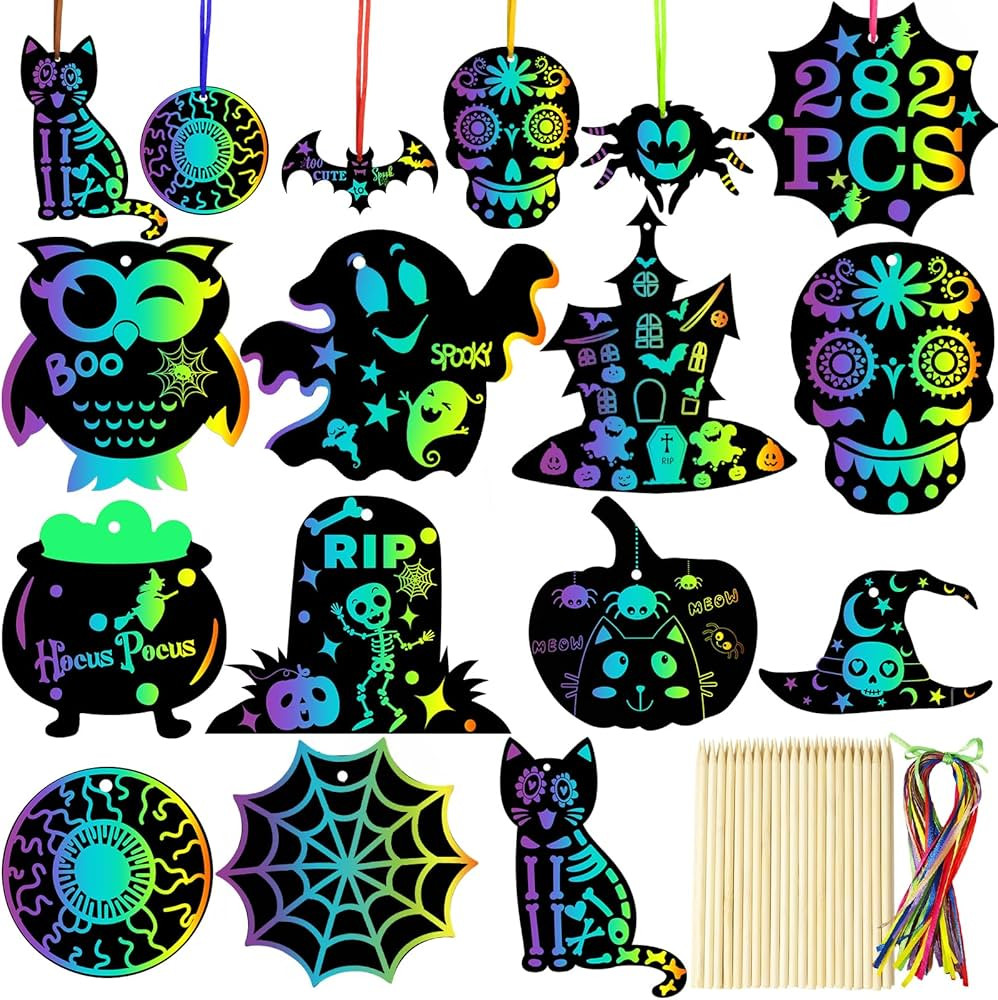 SunnyMemory 282PCS Halloween Crafts for Kids, Scratch Paper Off Cards Set for Halloween Ornaments... | Amazon (CA)
