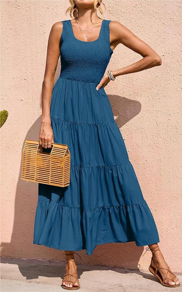 PRETTYGARDEN Women's 2023 Casual Loose Plain Maxi Sundress Smocked Tank Dress Sleeveless Summer Beac | Amazon (US)