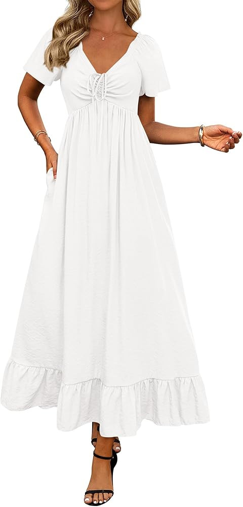 BTFBM Womens Summer Dresses 2026 Casual Short Sleeve V Neck Drawstring Wedding Guest Maxi Dresses... | Amazon (US)