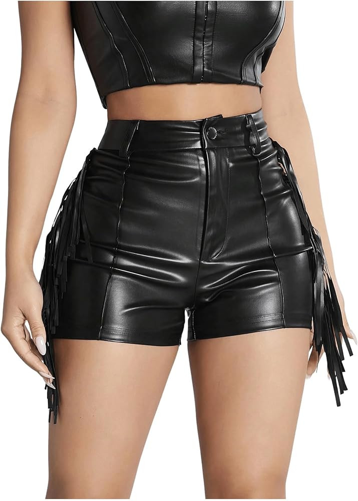 Women's High Waist Fringe Trim PU Leather Club Party Shorts Straight Leg Mini Shorts | Amazon (US)
