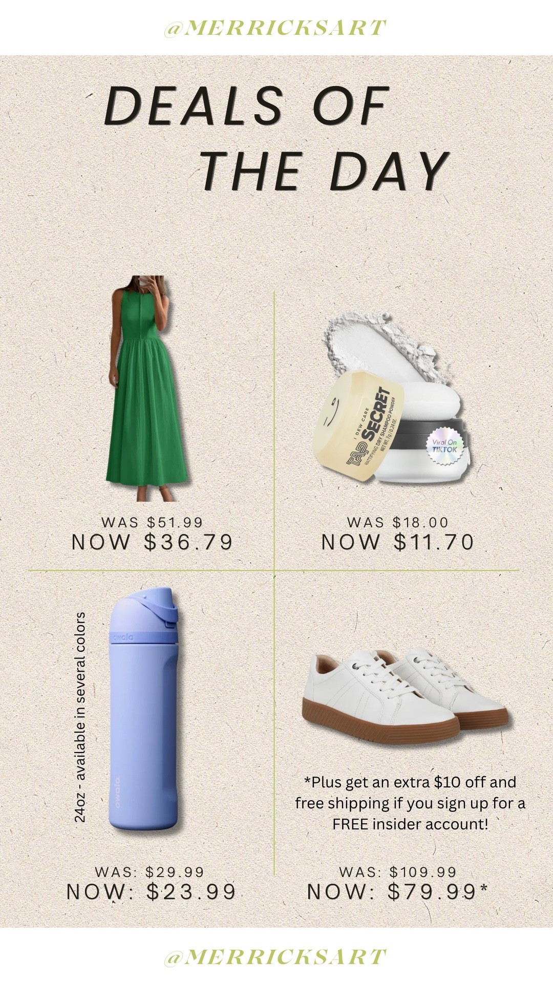 Four things on sale today - Amazon one and done dress, our favorite dry shampoo, the best white sneaker for summer, and a great summer water bottle!