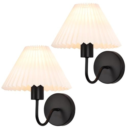 Black Wall Sconces Sets of 2, White Pleated Fabric lampshade, Indoor Gooseneck Wall Lamp Lighting, Bathroom Dresser Hardwired sconces wall decor Fixture for Living Room Bedroom Dining Room Hallway | Amazon (US)