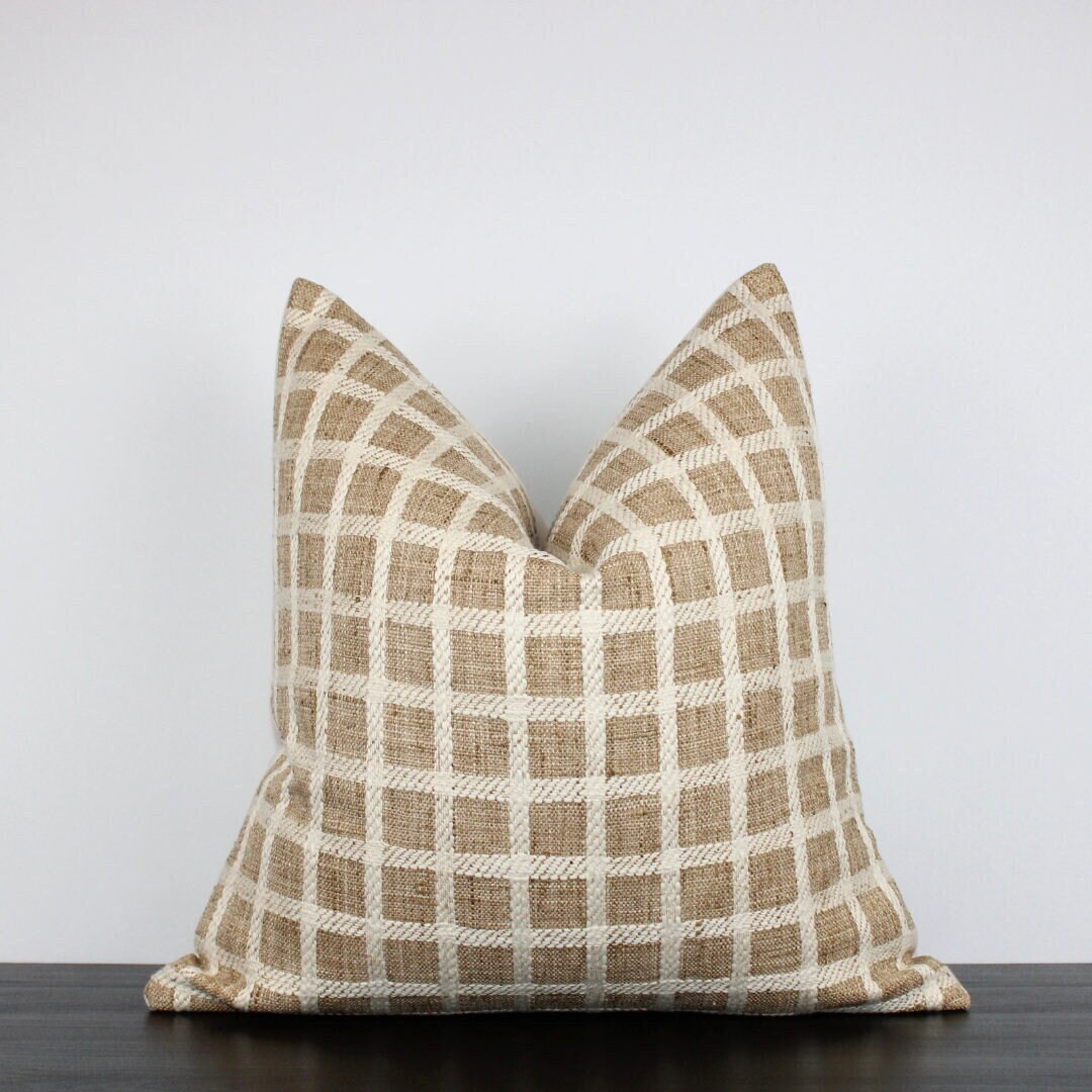 Classic windowpane check pillow| Fall Sand Pillow Cover|Handwoven Pillow Cover|Cozy Fall Pillow | Etsy (US)
