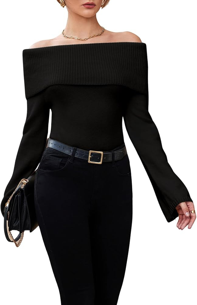 GORGLITTER Women's Fall Off Shoulder Sweater Long Sleeve Ribbed Knit Pullover Top Trendy Fashion ... | Amazon (US)