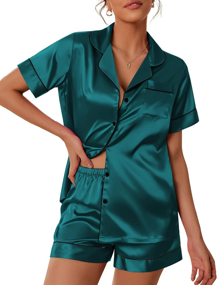 Ekouaer Satin Pajamas Women's Short Sleeve Sleepwear Soft Silk Button Down Loungewear Pjs Shorts ... | Amazon (US)