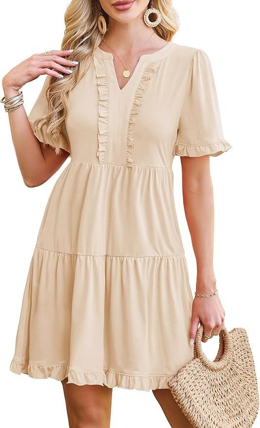 Naggoo Women's Summer Dresses Casual V Neck Short Sleeve A Line Tiered Ruffle Swing Mini Beach Dr... | Amazon (US)
