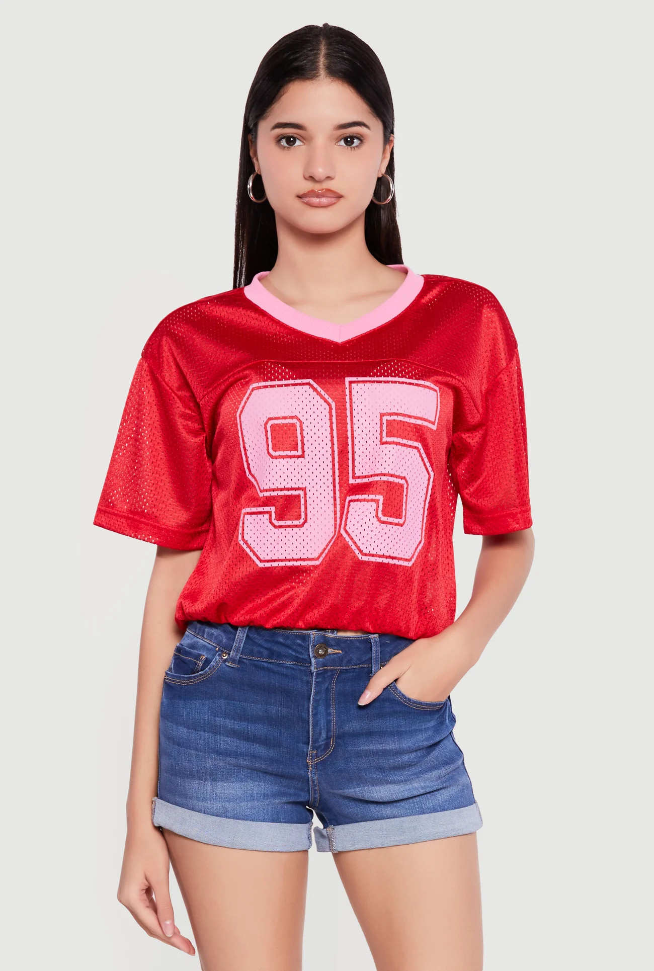 Almost Famous Cropped Bubble Hem Graphic Football Jersey | Rainbow Shops
