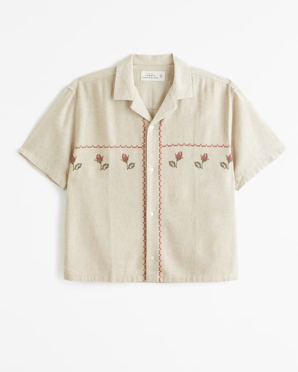 Camp Collar Cropped Summer Linen-Blend Embroidered Shirt | Abercrombie & Fitch (UK)