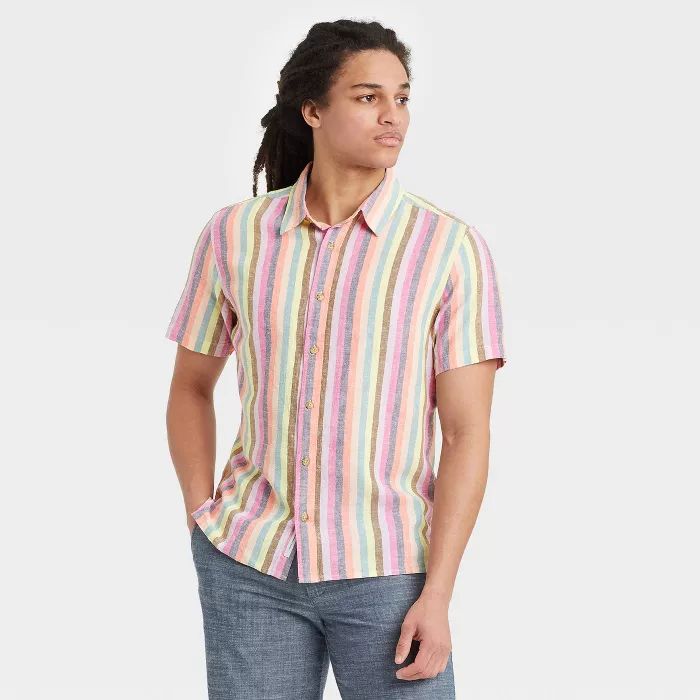 Men's Striped Standard Fit Short Sleeve Button-Down Shirt -  Goodfellow & Co™ Pink | Target