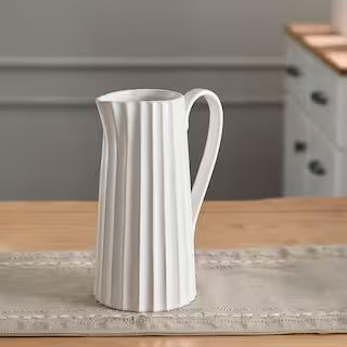 Fluted Flair White Ceramic Decorative Pitcher Vase | The Home Depot