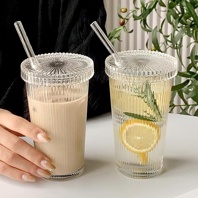 Ribbed Glass Cups with Lids and Straws,2 Pcs 13 Oz Vintage Drinking Glasses,Iced Coffee Cups,Vert... | Amazon (US)