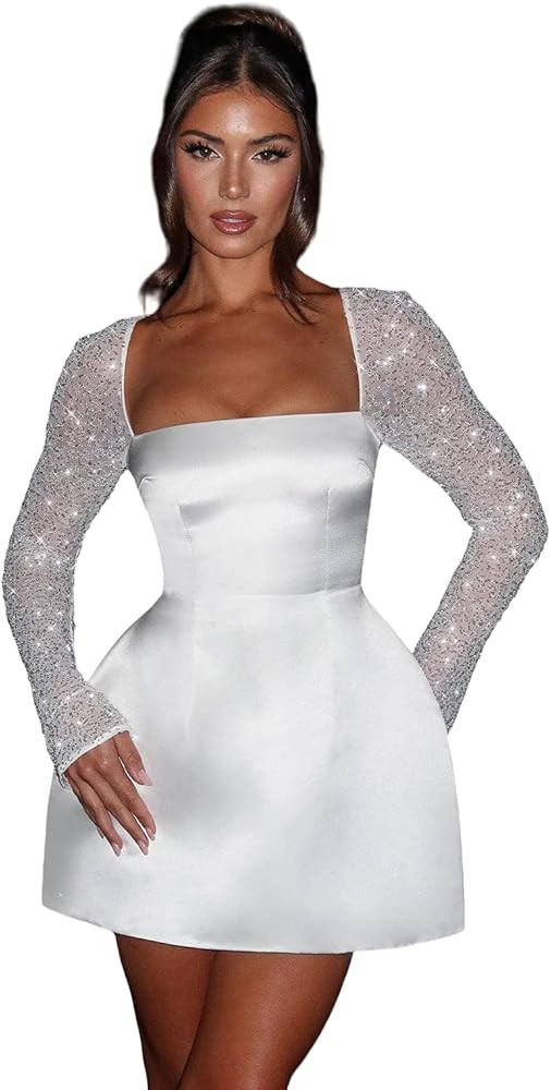 Short Wedding Dresses for Bride 2025 Long Sleeve Mini Bridal Gowns Lace Satin Engagement Gowns fo... | Amazon (US)