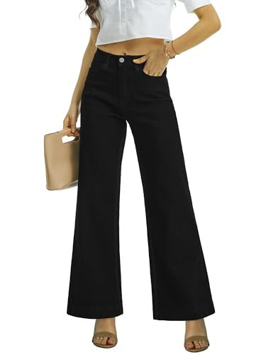 ONESO Womens Wide Leg Jeans Black High Waist Flare Jeans for Women Stretch Tummy Control Baggy Trendy Boyfriend Denim Pants Inseam 30" Size 12 | Amazon (US)