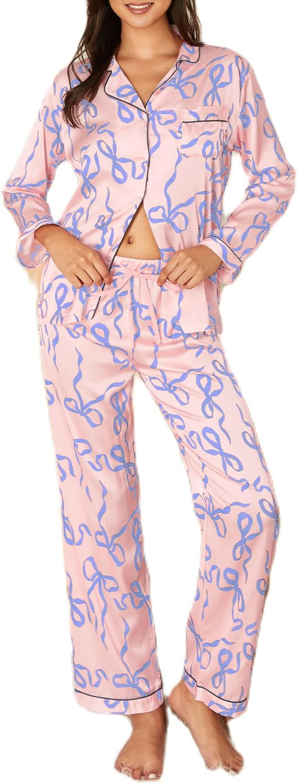 cochineal Bow Pajamas for Women Long Sleeve Button Shirt Lounge Pants Pjs Set Silk Satin 2 Piece ... | Amazon (US)