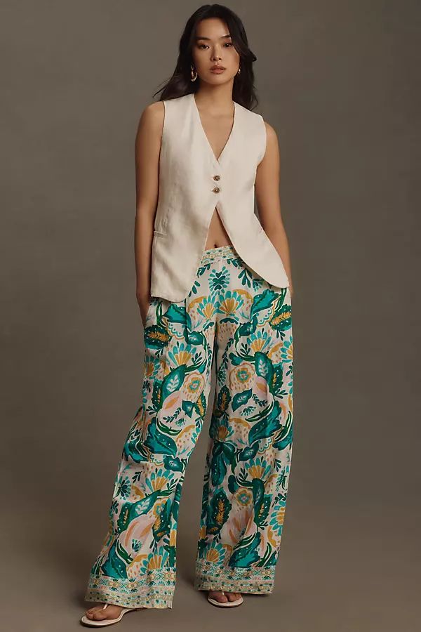 Ranna Gill Floral Wide-Leg Linen Pull-On Pants | Anthropologie (US)