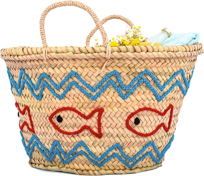 Handwoven Straw Beach Bag with Fish Motif - Ocean Tote for Women, Summer Vacation Picnic Basket | Amazon (US)