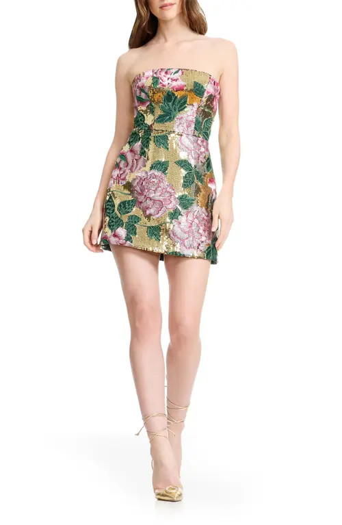 Dress the Population Scottie Sequin Floral Embroidered Minidress in Gold Multi at Nordstrom, Size Large | Nordstrom