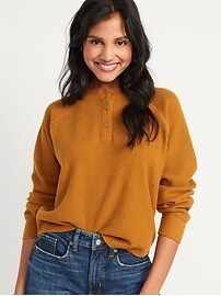 Women & Women's Plus / TopsLong-Sleeve Loose Waffle-Knit Henley T-Shirt for Women | Old Navy (US)