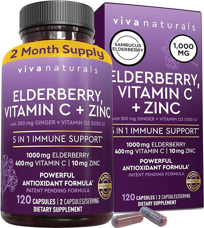 Viva Naturals Elderberry with Vitamin C and Zinc for Adults - 5 in 1 Sambucus Black Elderberry Ca... | Amazon (US)