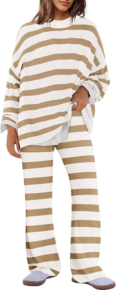 Panadila Womens Oversized Lounge Sets Striped Sweater Set 2 Piece Pajama Set Long Sleeve Top and ... | Amazon (US)