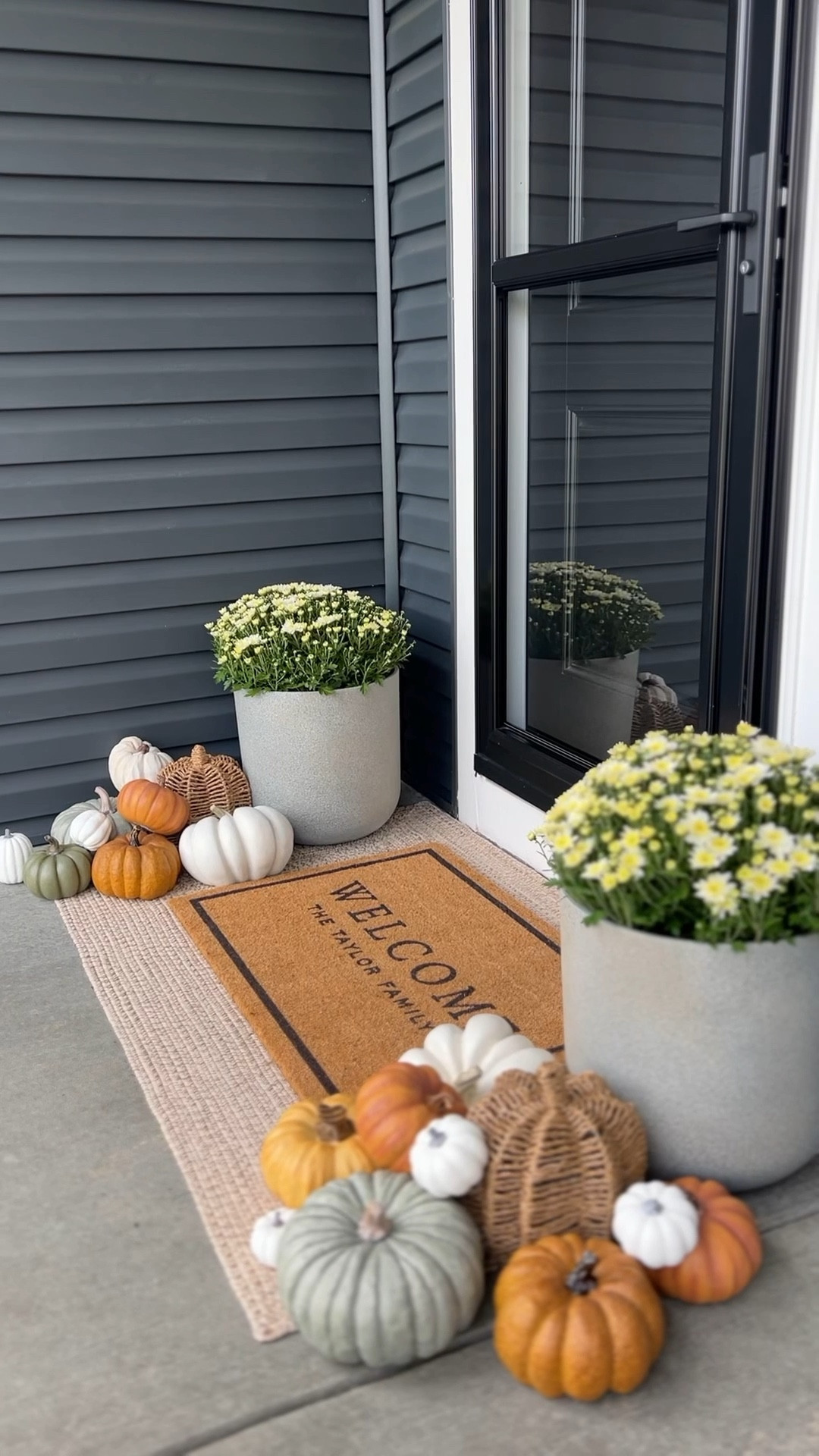 Fall front porch - personalized welcome mat - faux pumpkins - mums 
