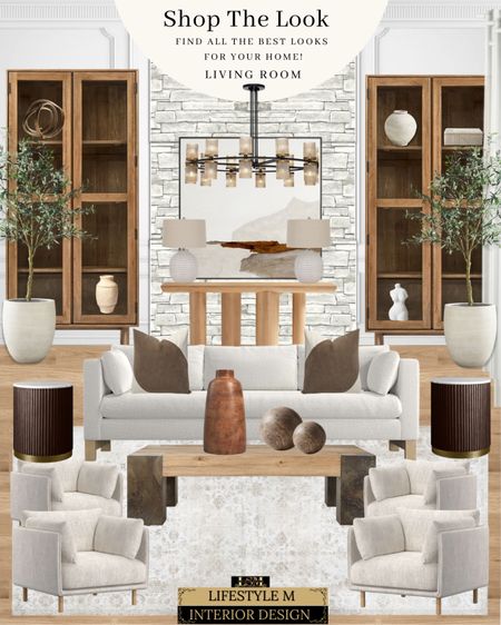 Brown Modern Traditional Living Room Design. Wood coffee table, round brown end table, upholstered accent chair, white sofa, brown table vase, round decor, brown throw pillow, wood tall glass door cabinet, contemporary wood end table, round table lamp, brown wall art, round modern chandelier, white tree planter pot, faux olive tree. 

#LTKstyletip #LTKhome #LTKSale
