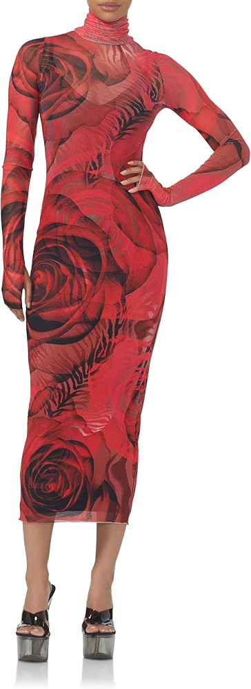 AFRM Womens Shailene Turtleneck Long Sleeve Mesh Bodycon Midi Dress | Amazon (US)