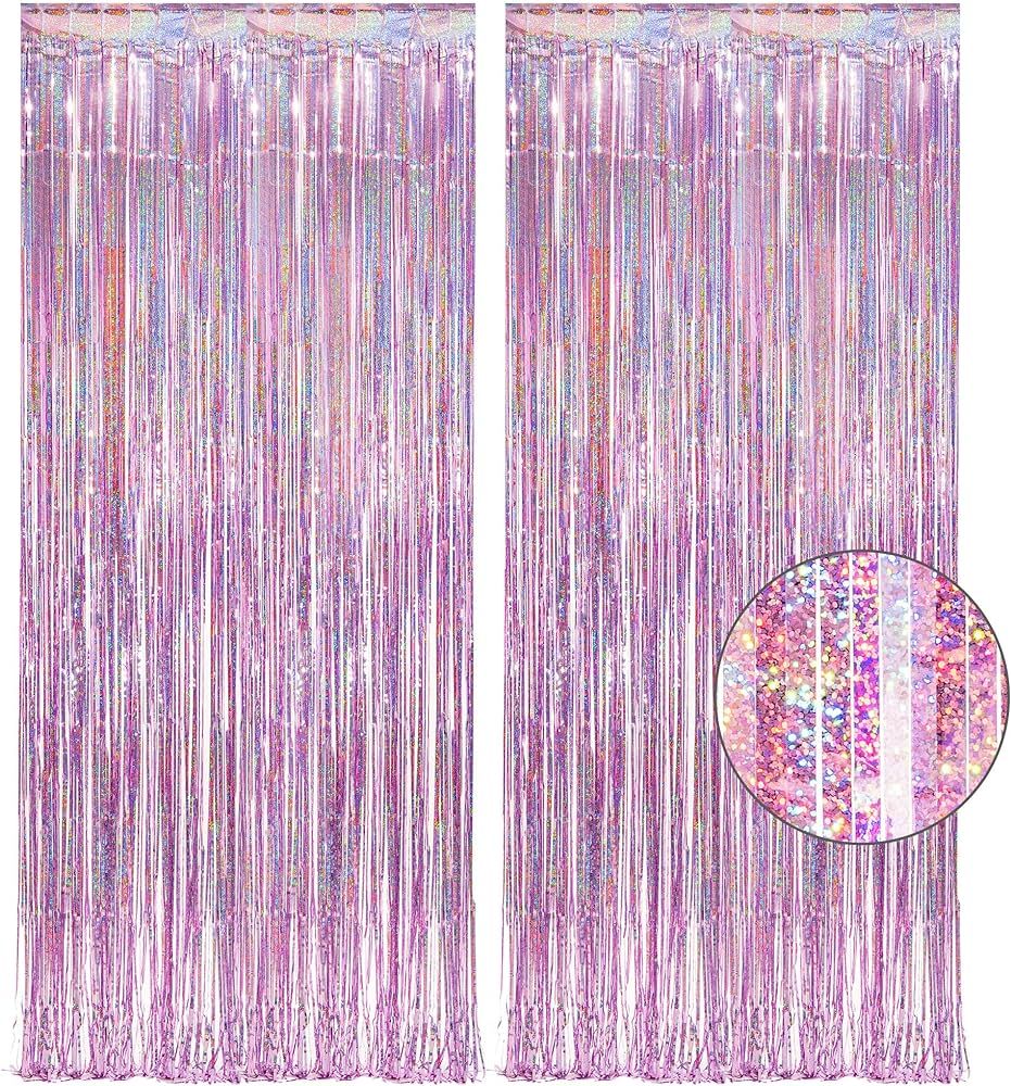 Pink Tinsel Curtain Party Backdrop - GREATRIL Foil Fringe Curtain Lilac Pink Party Streamers for ... | Amazon (US)