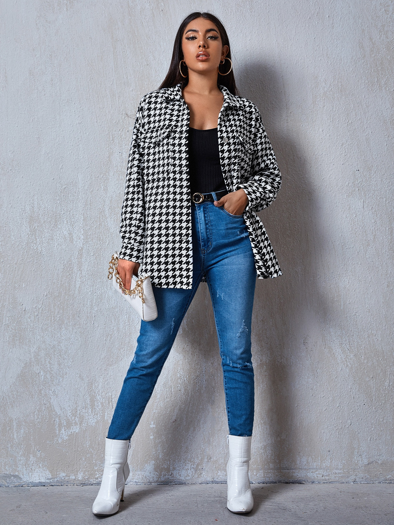 SHEIN Flap Pocket Front Drop Shoulder Houndstooth Tweed Coat | SHEIN