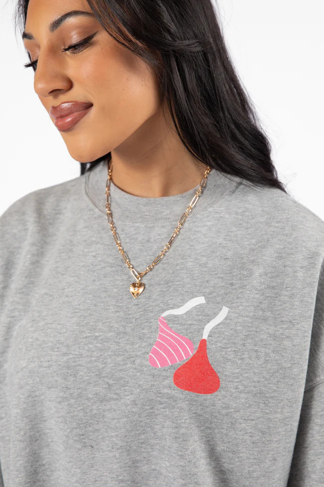 Hugs and Kisses Light Grey Oversized Graphic Sweatshirt | Pink Lily