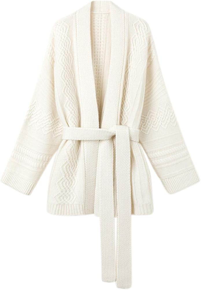 Mid-Length Merino Wool Blend Open Cardigan Long Sleeve Cable Knitted Sweater for Women | Amazon (US)