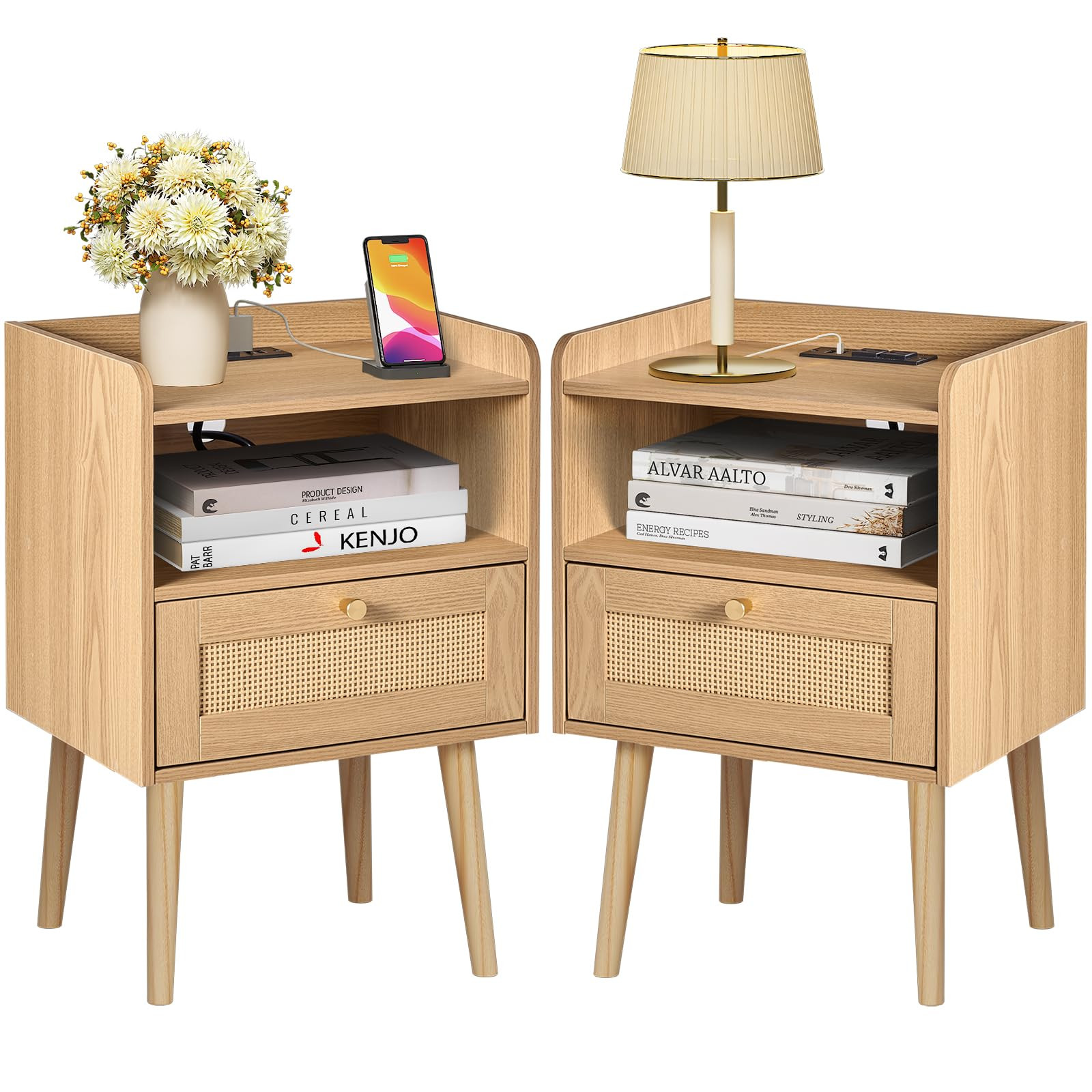 Rattan Nightstand with Charging Station, Mid Century Modern Bed Side Table, Boho End Table with W... | Amazon (US)