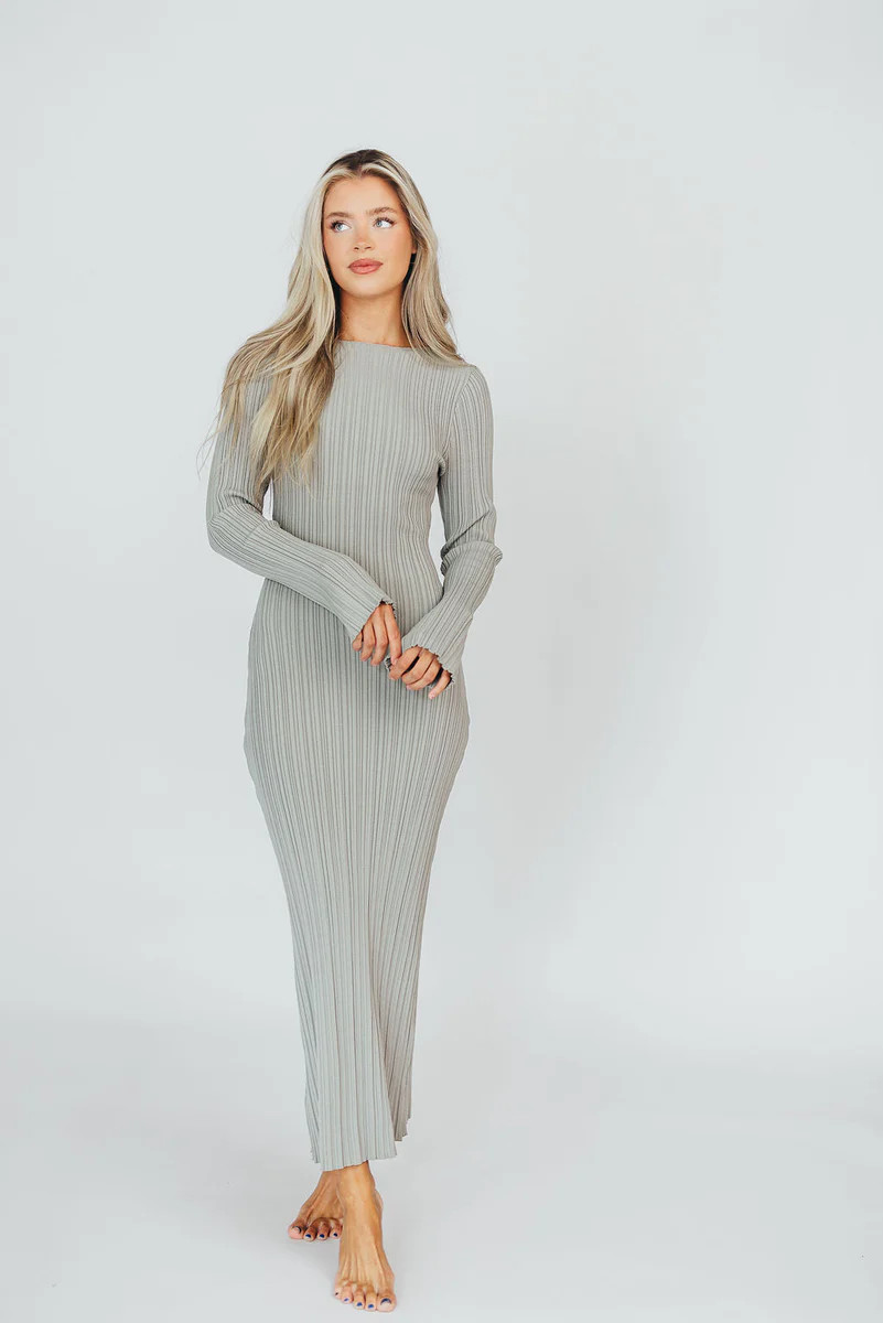 Allie Long Sleeve Ribbed Maxi Dress in Mint Sky Grey | Worth Collective