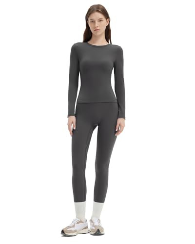SUUKSESS Women 2 Piece Workout Sets Tummy Control High Waisted Leggings Long Sleeve Workout Tops (Dark Grey, M) | Amazon (US)