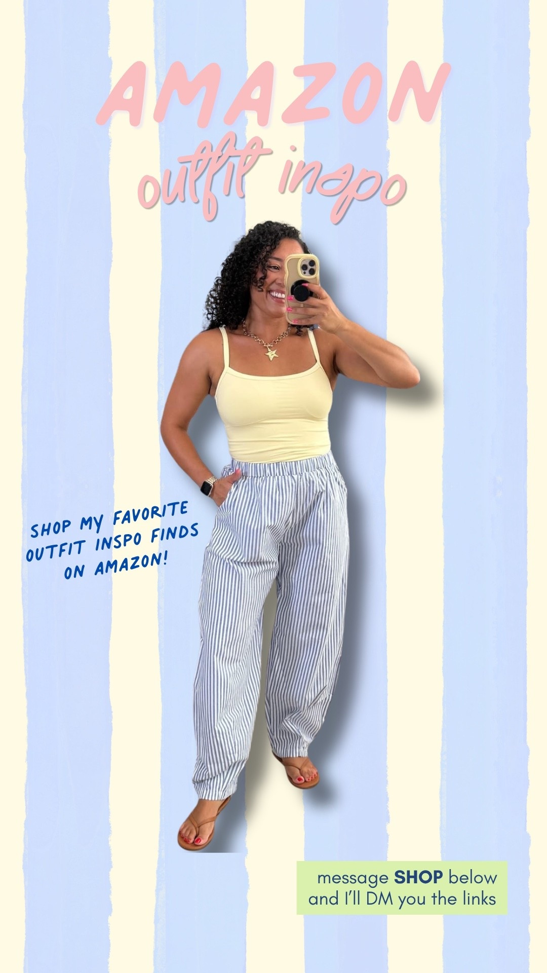 Amazon outfit inspo for your next casual look! This cute combination of a tank top and striped pants is perfect for everyday wear, errands, travel, and warm-weather outfits.