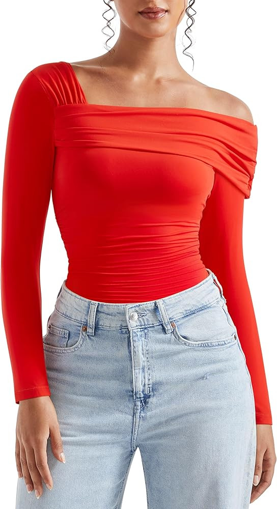 SUUKSESS Women One Off The Shoulder Trendy Casual Tops Ruched Long Sleeve Shirts | Amazon (US)