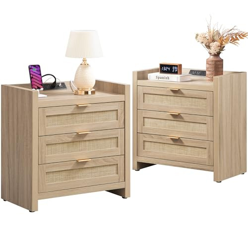 SICOTAS Rattan Nightstands Set of 2 Bedside Table - Larger Night Stand with Type-C Charging Station, 3 Drawers Storage, Boho Night Stands End Table for Bedroom Office - Light Oak | Amazon (US)