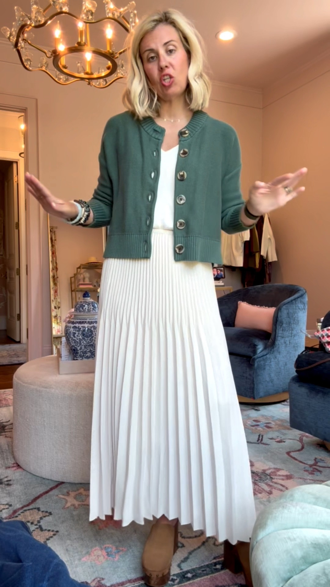 The viral cardigan that we wear as a top or a cardigan… endless styling possibilities. 
Sizing:
Sweaters - xs
Jeans - 26 short 
Joggers - xs
Silk Tank - small
Pleated Skirt - xs