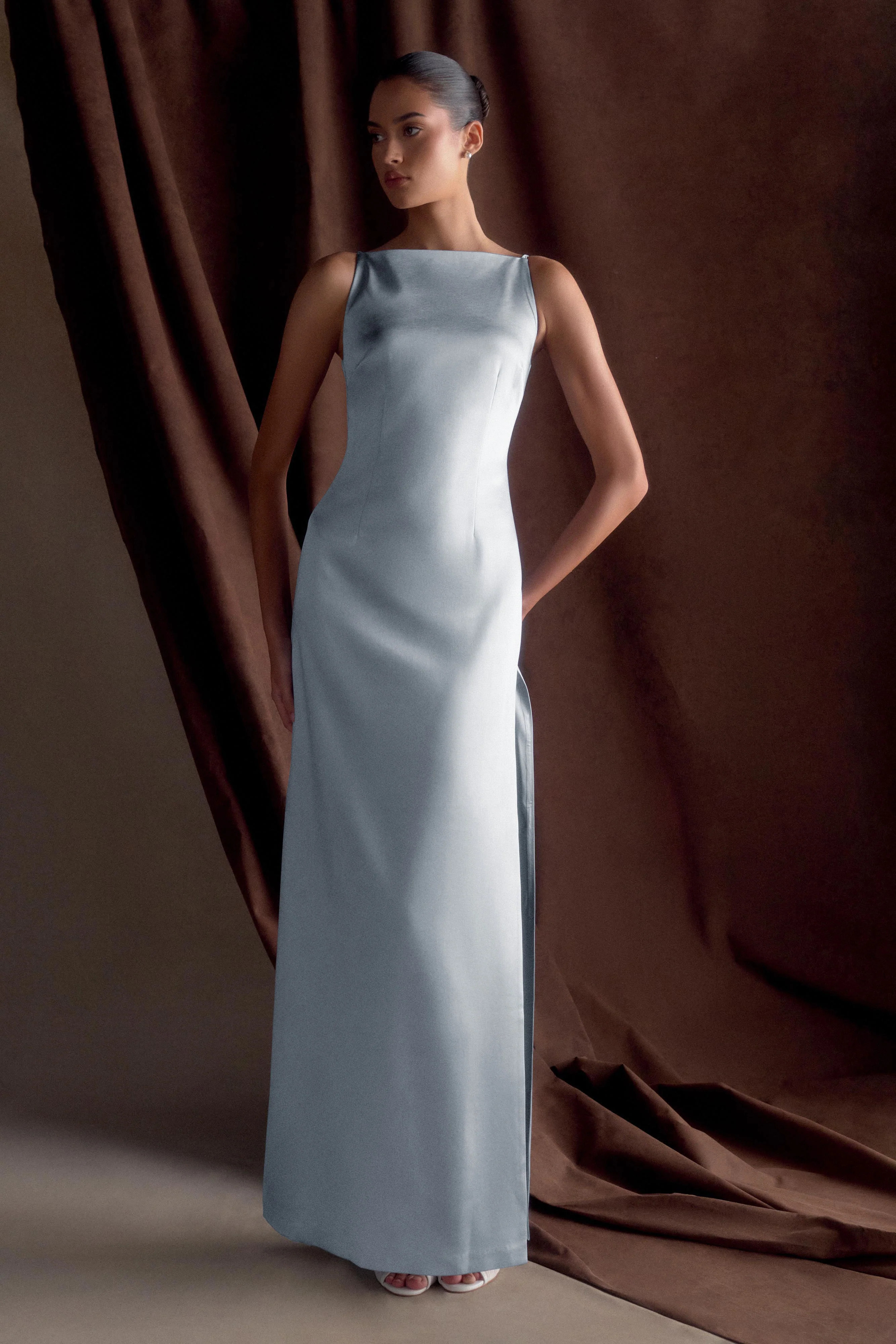 Violet Sleeveless Satin Maxi Dress - Frosted Blue | Meshki (APAC)