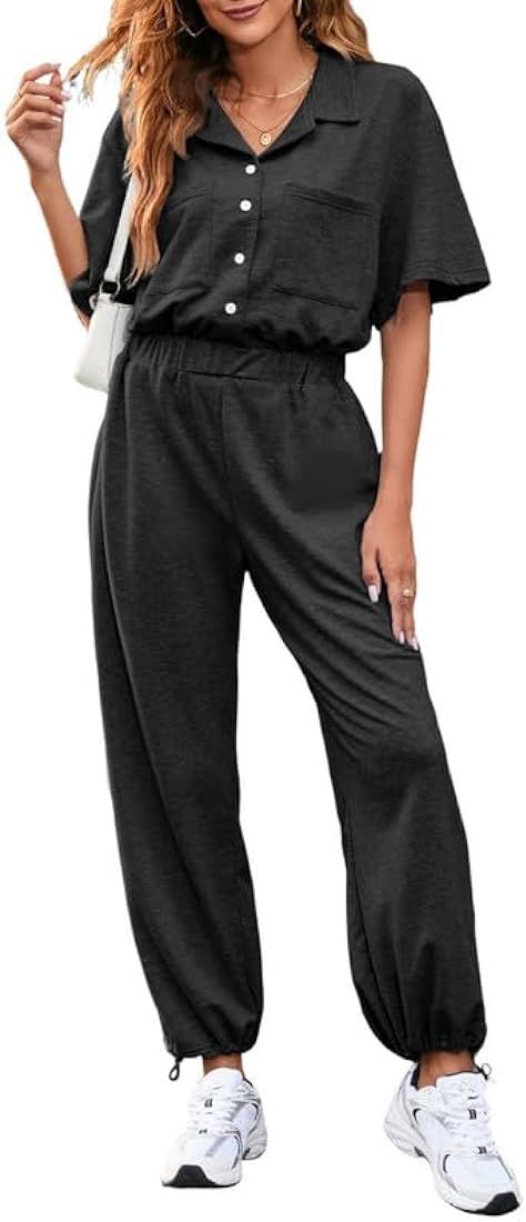 Dokotoo Womens Button Up Collared Short Sleeve High Waisted Drawstring Hem Casual Jumpsuits and R... | Amazon (US)