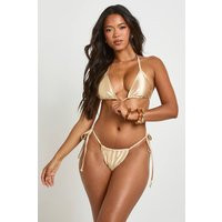 boohoo Women's Metallic Triangle Tie Side Bikini in Gold | Size: 10 | Linen/Resin | boohoo (US & Canada)